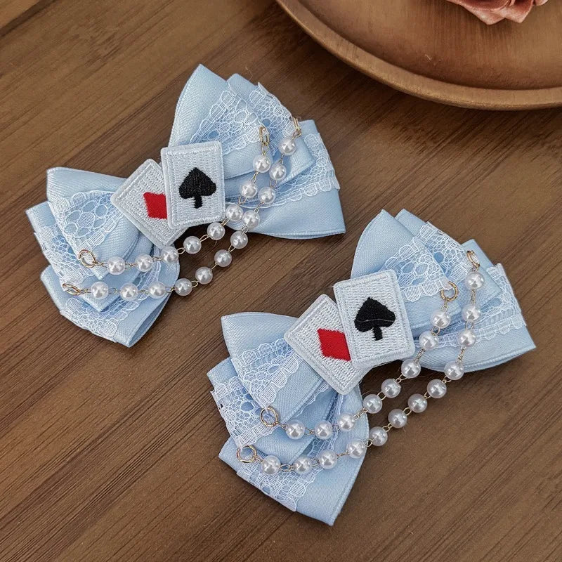 Cute Blue Lace Satin Bow Hair Clip Poker Card Embroidery Star Pearl Tassel Barrettes Sweet Lolita Hair Accessories Daily Outfit