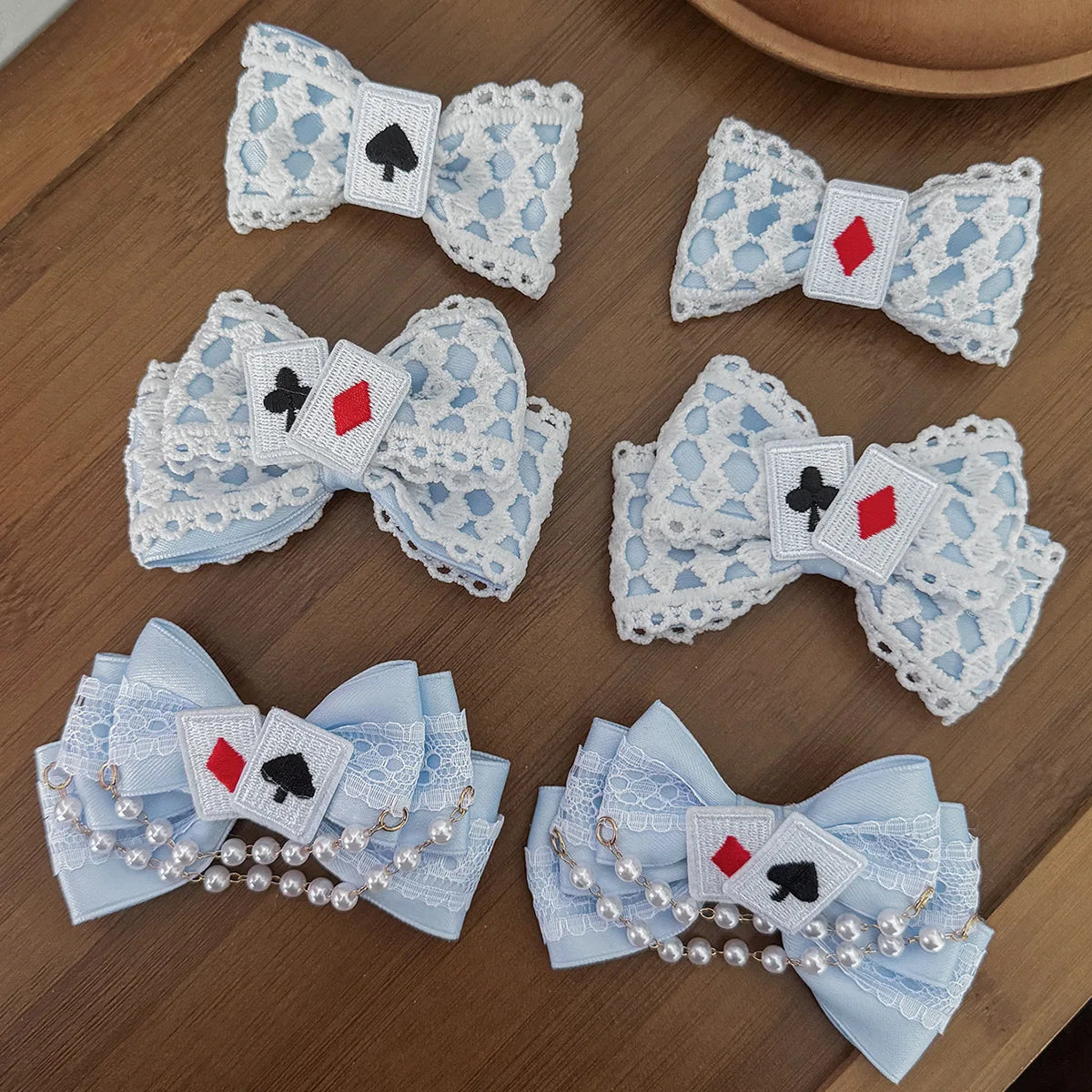 Cute Blue Lace Satin Bow Hair Clip Poker Card Embroidery Star Pearl Tassel Barrettes Sweet Lolita Hair Accessories Daily Outfit