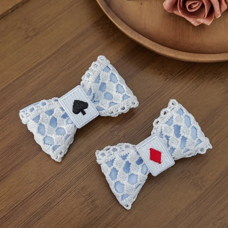 Cute Blue Lace Satin Bow Hair Clip Poker Card Embroidery Star Pearl Tassel Barrettes Sweet Lolita Hair Accessories Daily Outfit