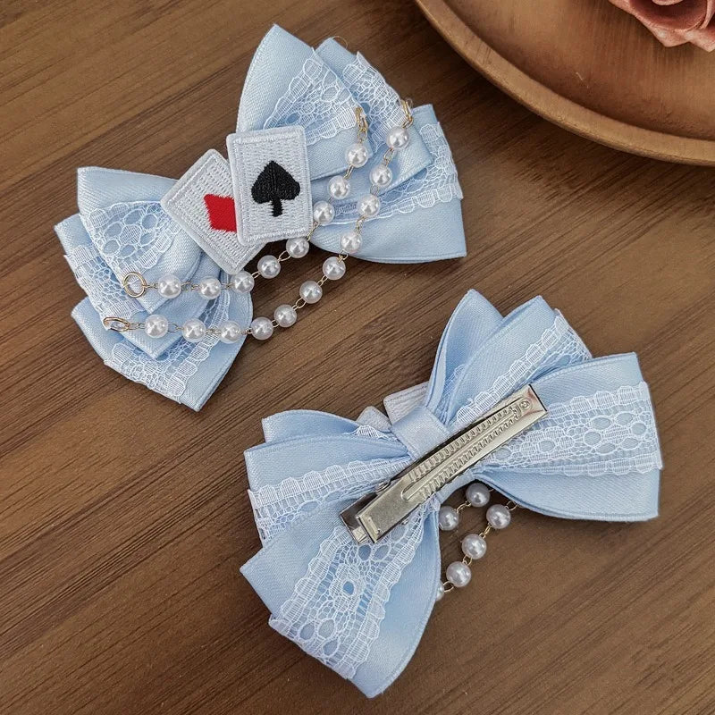 Cute Blue Lace Satin Bow Hair Clip Poker Card Embroidery Star Pearl Tassel Barrettes Sweet Lolita Hair Accessories Daily Outfit