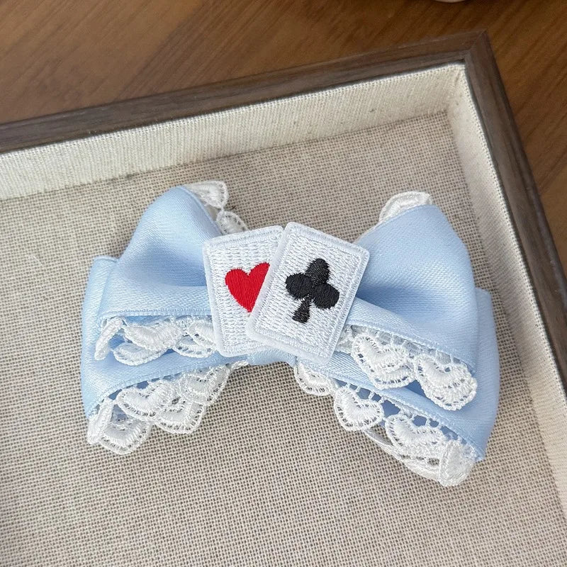 Cute Blue Lace Satin Bow Hair Clip Poker Card Embroidery Star Pearl Tassel Barrettes Sweet Lolita Hair Accessories Daily Outfit