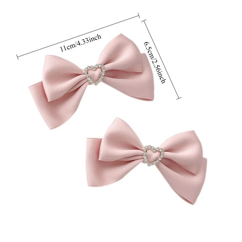 1 Pair Heart-shaped Rhinestone Satin Bow Hair Clips, Vintage Multi-color Sweet Hair Accessories, Daily Lolita Versatile Headwear