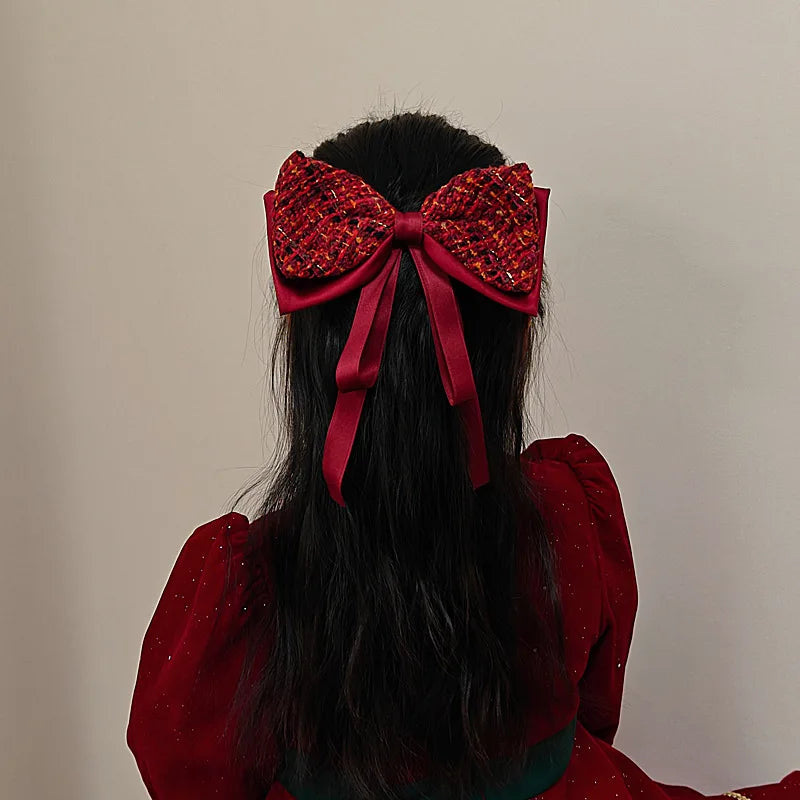 1pc Xiaoxiangfeng shiny silk satin large bow hair clip, New Year red ribbon, hair clip at the back of the head, hair accessory