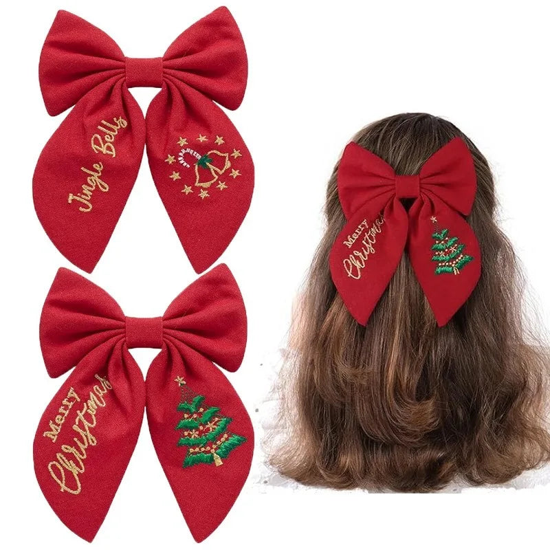 Red Christmas Embroidery Hair Bows Girls Xmas Tree Jingle Bells Fabric Hair Clips Holiday Party Daily Photo Hair Accessories