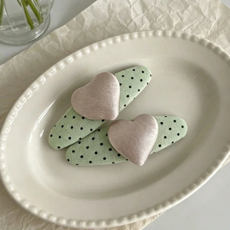 2PCS Sweet Fabric BB Clips Light Green Polka Dot Pink Heart Hair Barrettes Women Cute Bangs Side Clip Daily Hair Accessories