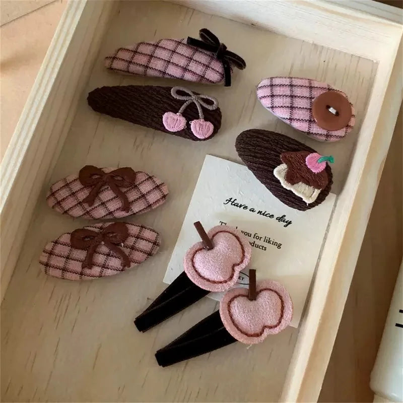2pcs/set Cute Apple Hair Clip For Girls Pink Plaid Hairclip Kids Bow Barrette Baby Cherry Hairpin Button Hair Pin Hair Headwear