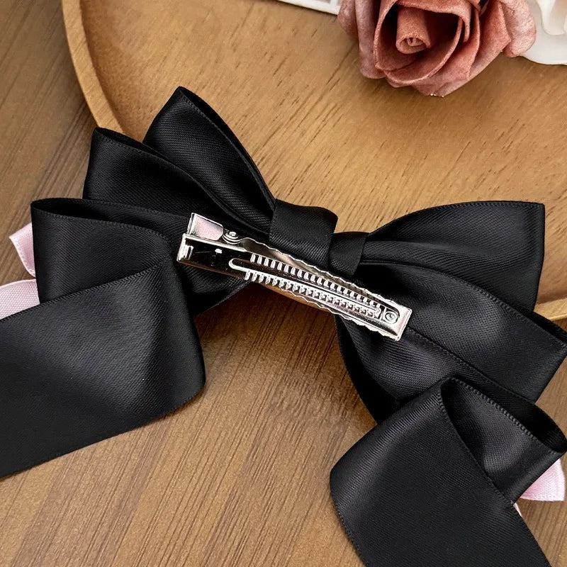 Women's Cute Layered Satin Bow Hair Clips - Fashion Hair Accessories for Daily/Party/Lolita Outfits (Black/Pink/Blue/White)