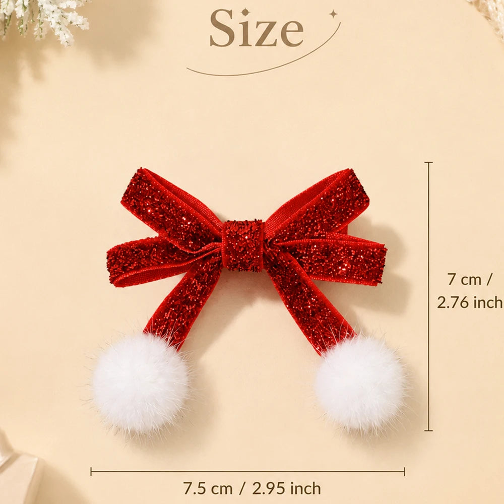 Cute Christmas Sparkly Glitter Hair Bows for Girls Pom Pom Velvet Ribbon Bow Spring Winter Hair Clip