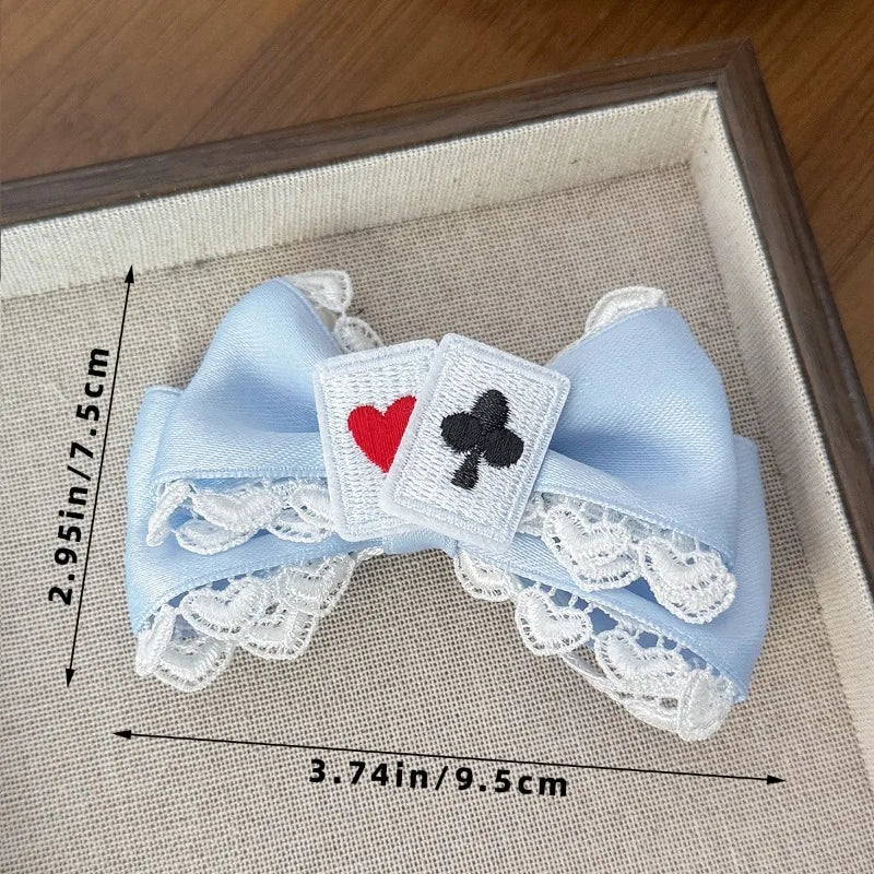 Cute Blue Lace Satin Bow Hair Clip Poker Card Embroidery Star Pearl Tassel Barrettes Sweet Lolita Hair Accessories Daily Outfit