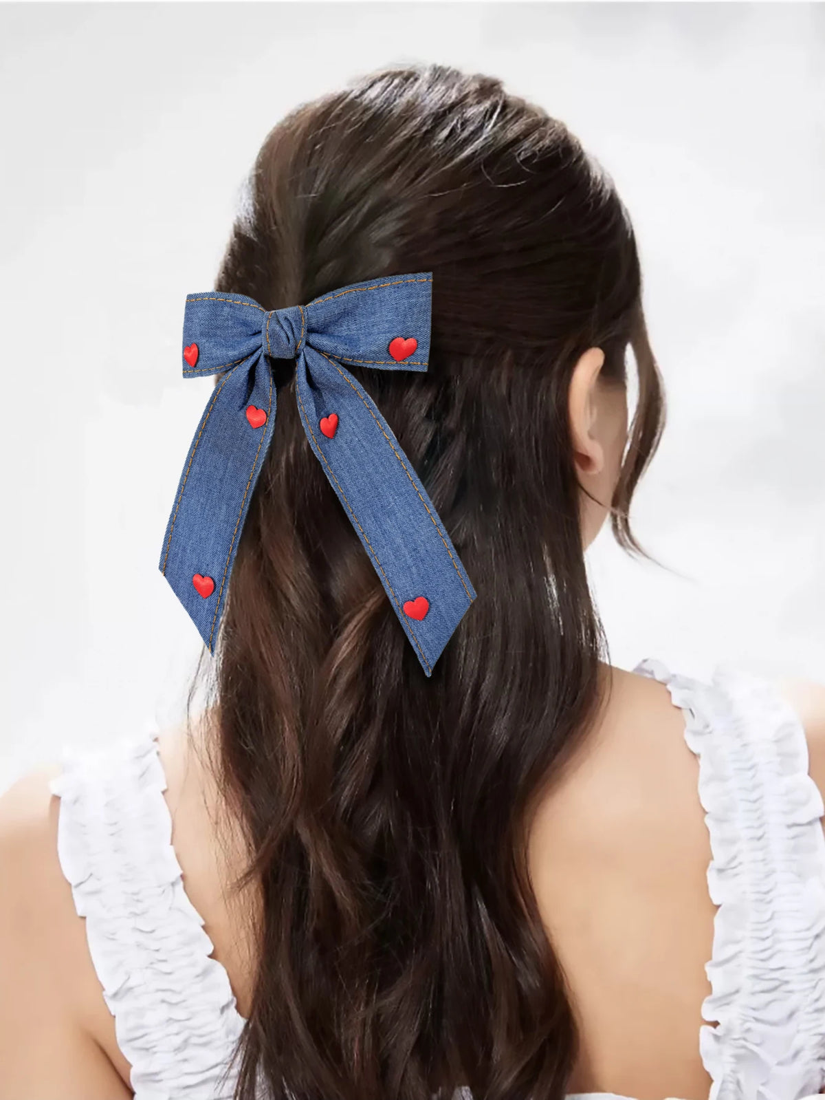 Red heart-shaped denim bow hair clip, sweet and feminine temperament, niche and high-end hair accessory