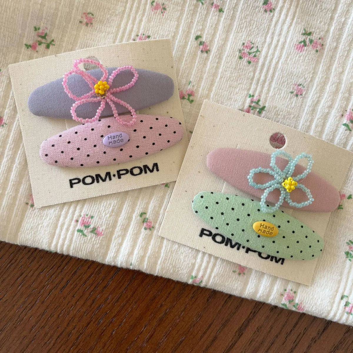 2PCS Cute Polka Dot Fabric BB Hair Clips Colorful Tiny Bead Flower Oval Non Slip Bangs Side Pins Daily Hair Decor for Girls