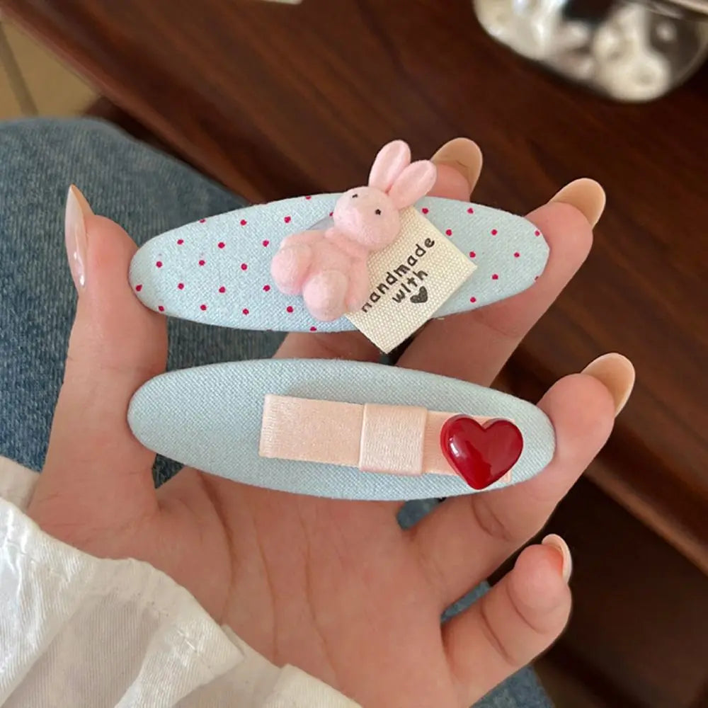 2PCS Set Polka Dot Pattern Bunny Hair Clip Heart Decor Pink Rabbit Decor Side Bangs Clip Blue Color Fabric Material