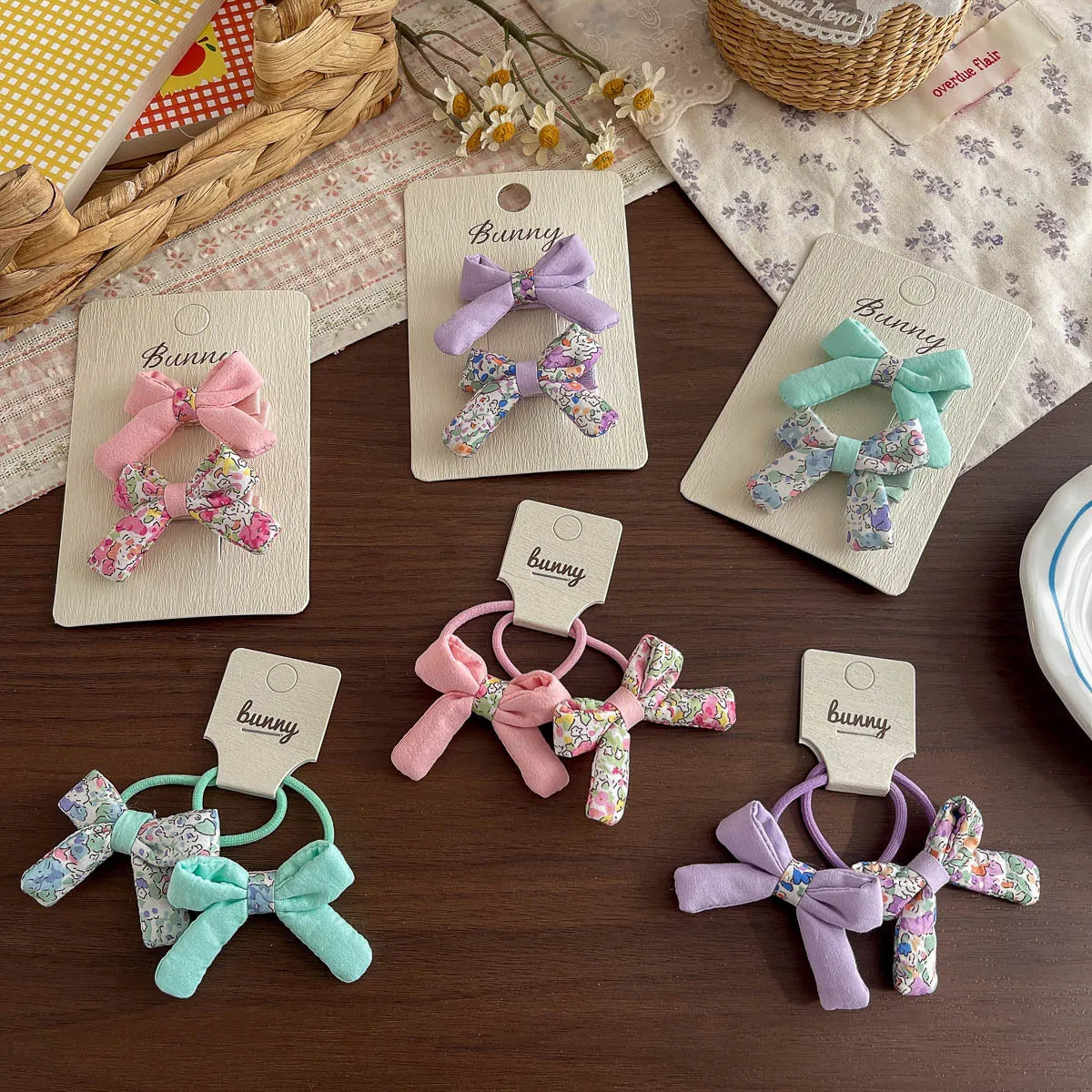 2pcs Floral Print Knot Bow Hairpin Elastic Hair Band Sweet Girl Hair Clips Hairpin Bangs Side Clip Ponytail Holder Rubber Bands