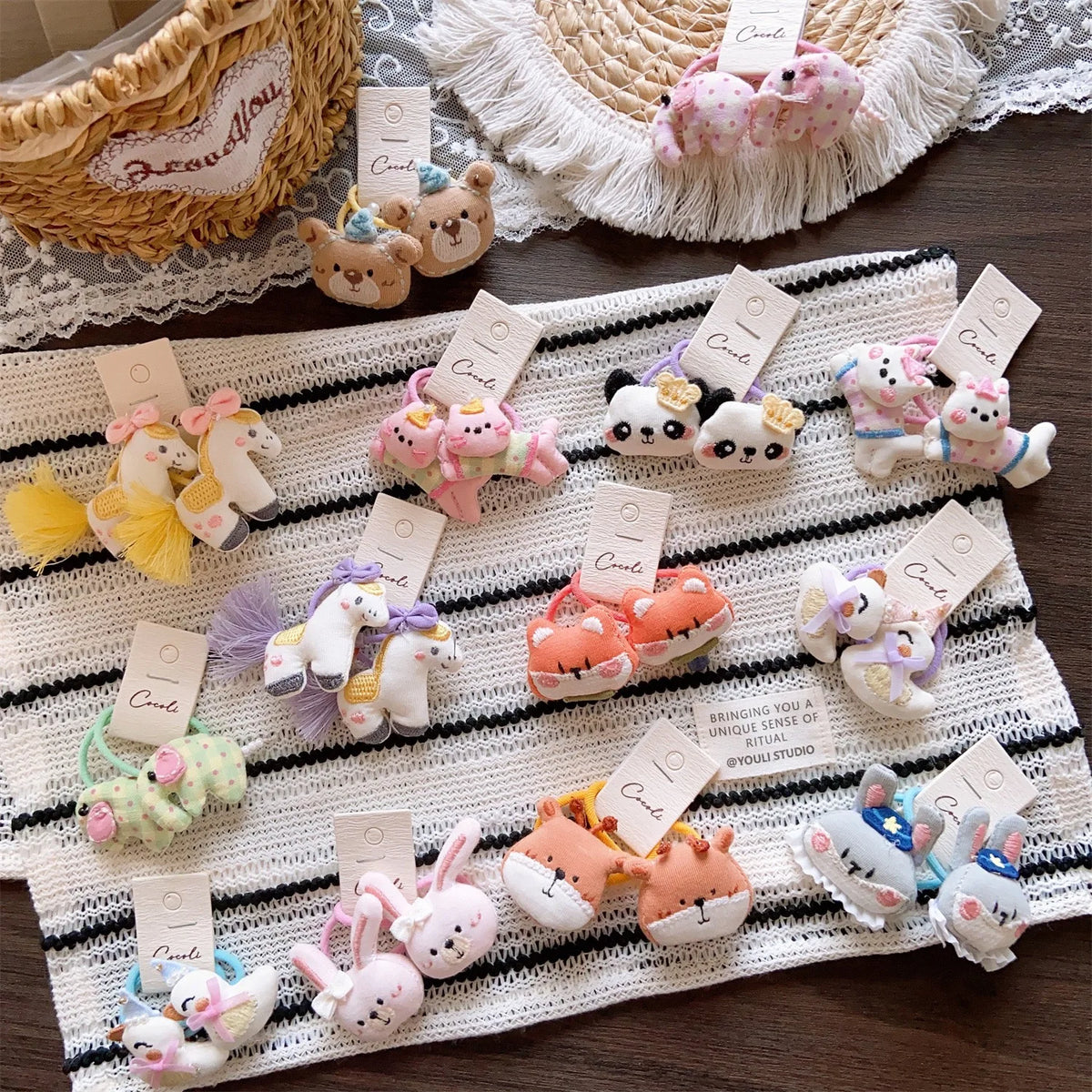 Children's Cute Cartoon Animal Hair Ties Embroidered Doll Rabbit Girls Hair Bands Non-Damaging Baby Ponytail Holder