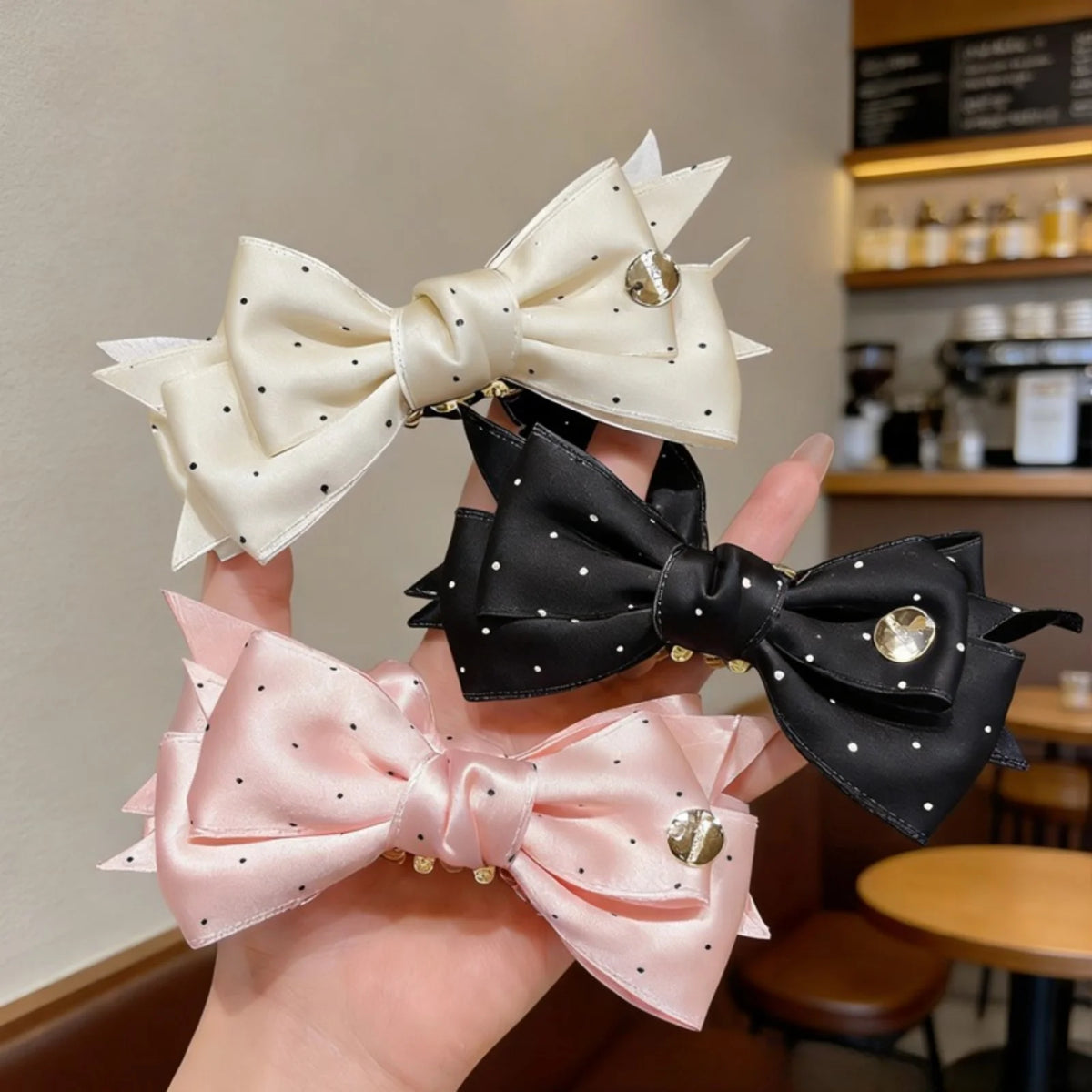 1PC Polka Dot Satin Bow Hair Clips For Women Elegant Rhinestone Decor Hair Barrettes Sweet Fashion Hair Accessory For Daily Wear