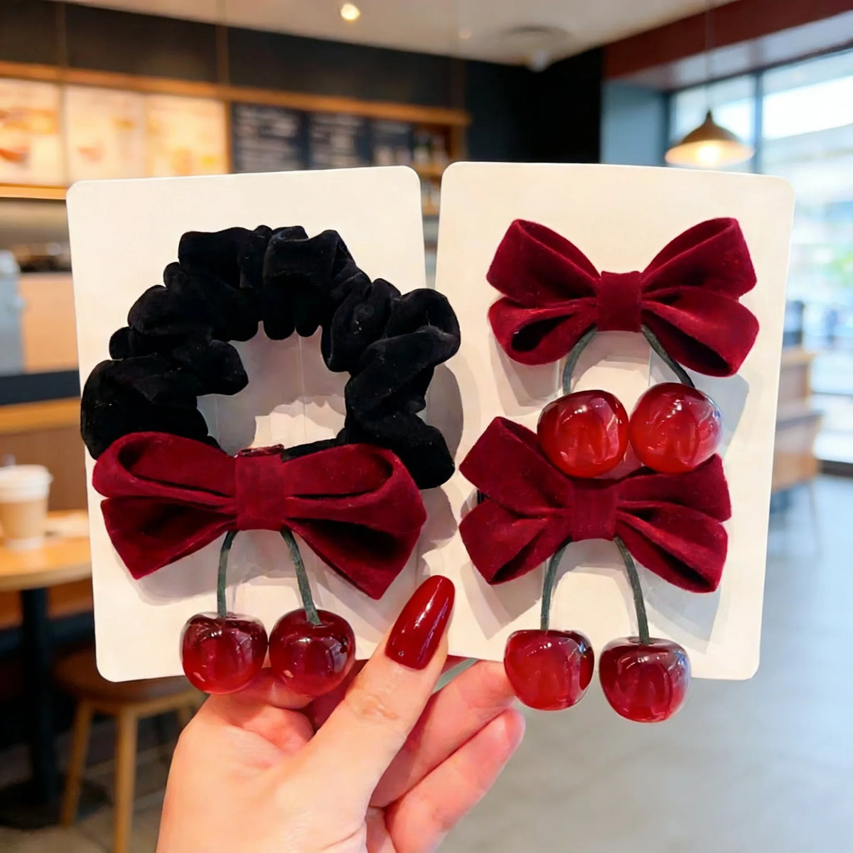 Red Velvet Bow Hair Ties for Kids Vintage Cherry Design Soft Non Damage High Elasticity Non Slip Cute Ponytail Holders Daily