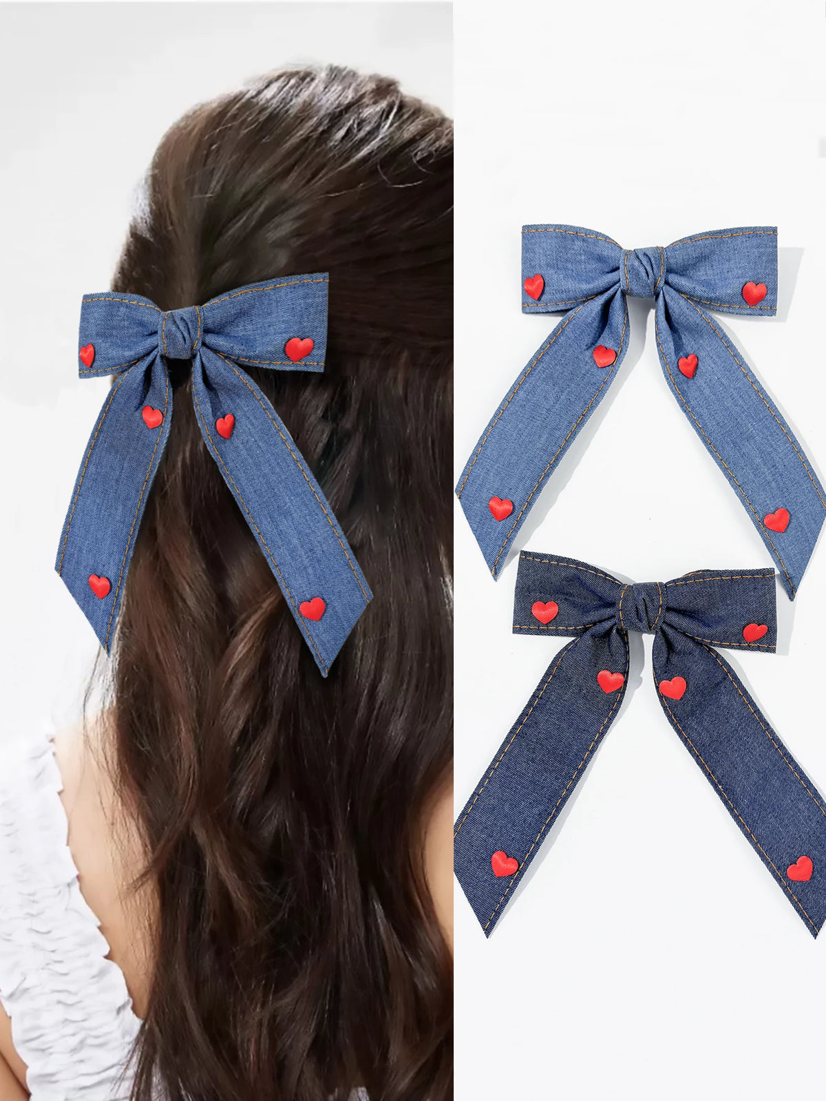 Red heart-shaped denim bow hair clip, sweet and feminine temperament, niche and high-end hair accessory