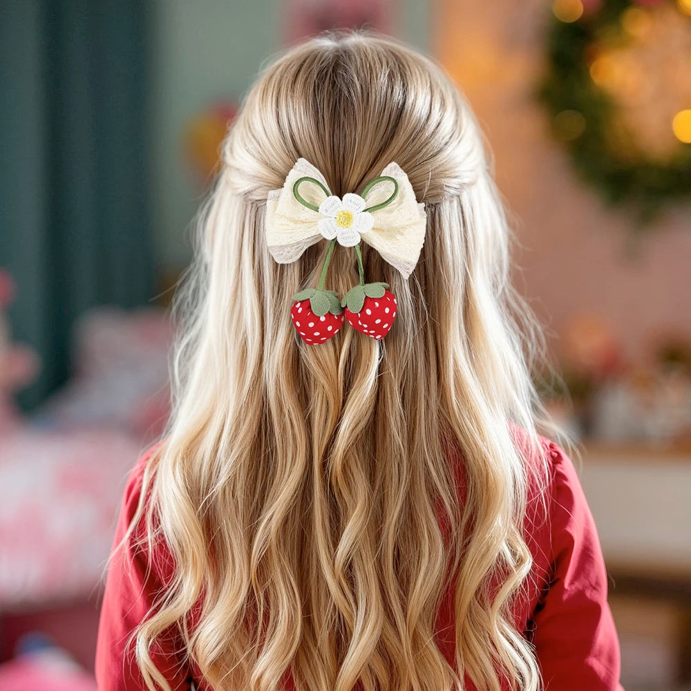 Korean Strawberry Bow Hair Clips Sweet Flower Lace Ribbon Bownot Hairpins For Girls Children Trendy Cute Headwear Accessories