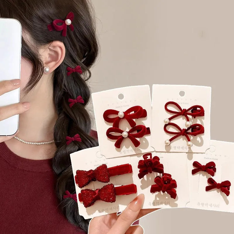 2pcs/set Cute Small Red Bow Velvet Hairpin For Women Girls Sweet Side Hair Clips Barrettes Hairgrip Fashion Hair Accessories