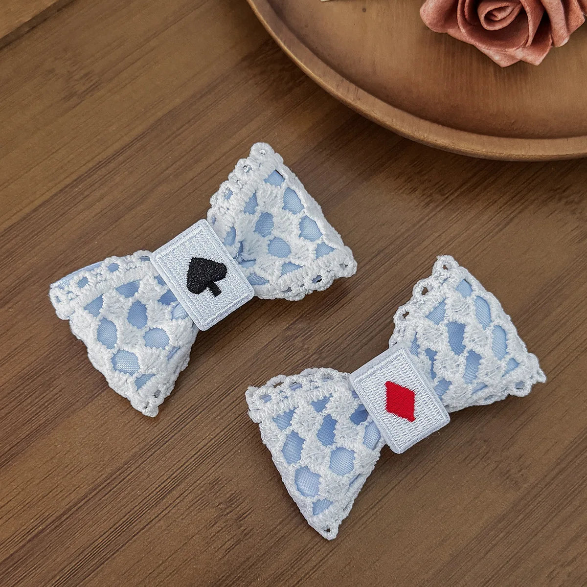 Cute Blue Lace Satin Bow Hair Clip Poker Card Embroidery Star Pearl Tassel Barrettes Sweet Lolita Hair Accessories Daily Outfit