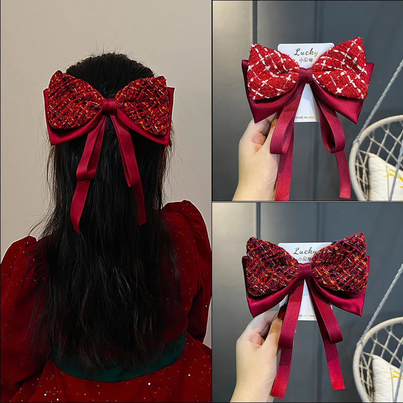 1pc Xiaoxiangfeng shiny silk satin large bow hair clip, New Year red ribbon, hair clip at the back of the head, hair accessory