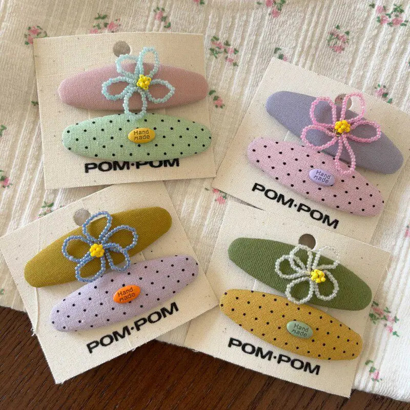 2PCS Cute Polka Dot Fabric BB Hair Clips Colorful Tiny Bead Flower Oval Non Slip Bangs Side Pins Daily Hair Decor for Girls