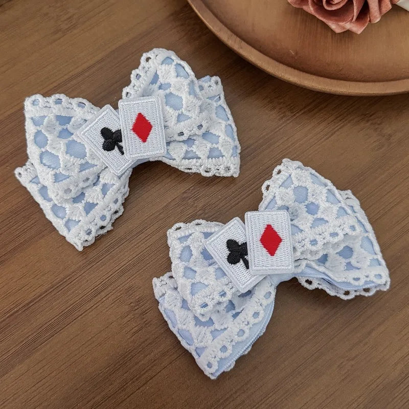 Cute Blue Lace Satin Bow Hair Clip Poker Card Embroidery Star Pearl Tassel Barrettes Sweet Lolita Hair Accessories Daily Outfit
