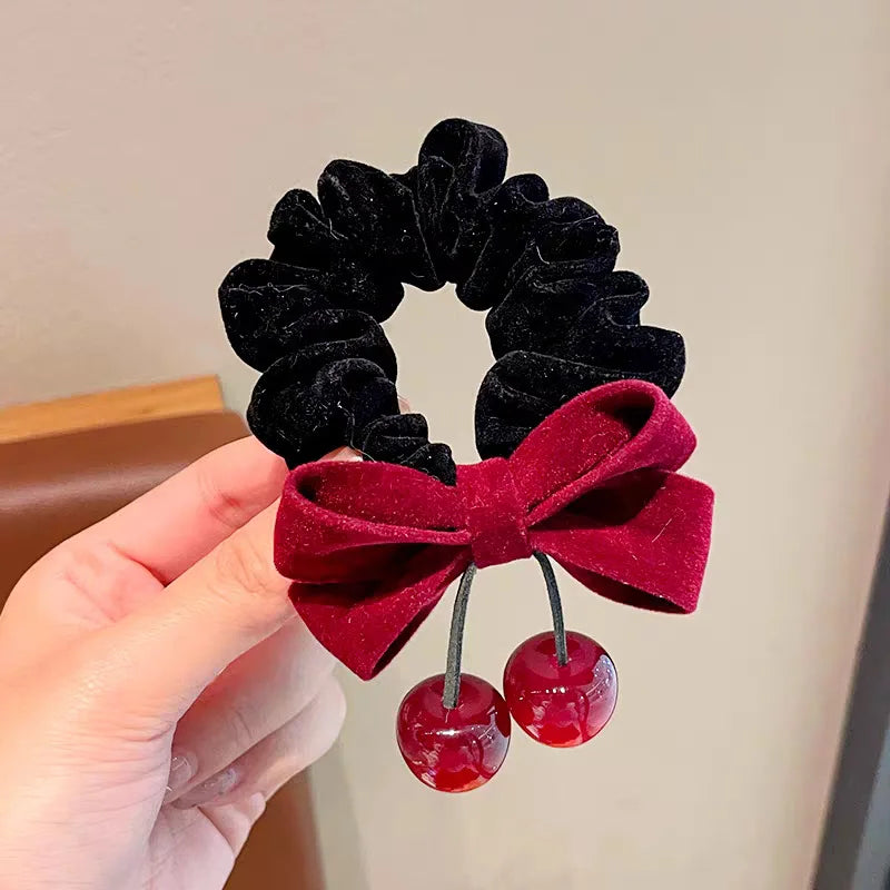 Red Velvet Bow Hair Ties for Kids Vintage Cherry Design Soft Non Damage High Elasticity Non Slip Cute Ponytail Holders Daily