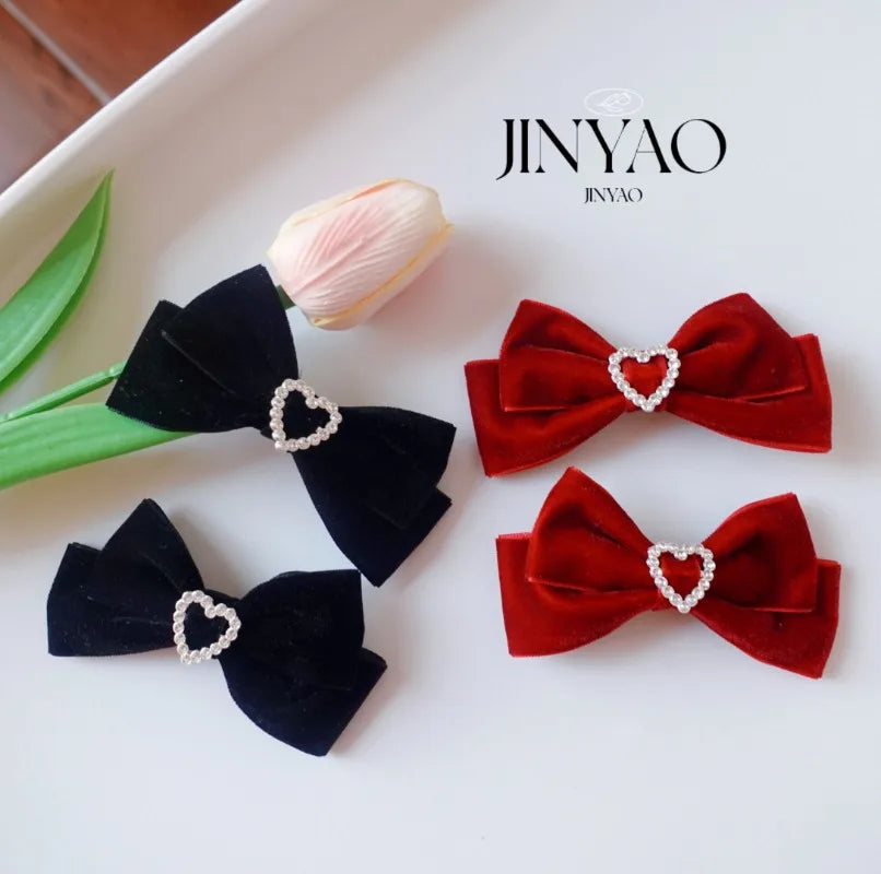 2pc/set Lolita Hair Clips Rhinestone Heart Bow HairpinsForest Style Double Prong Clip for Girl School Aesthetic Hair Accessories