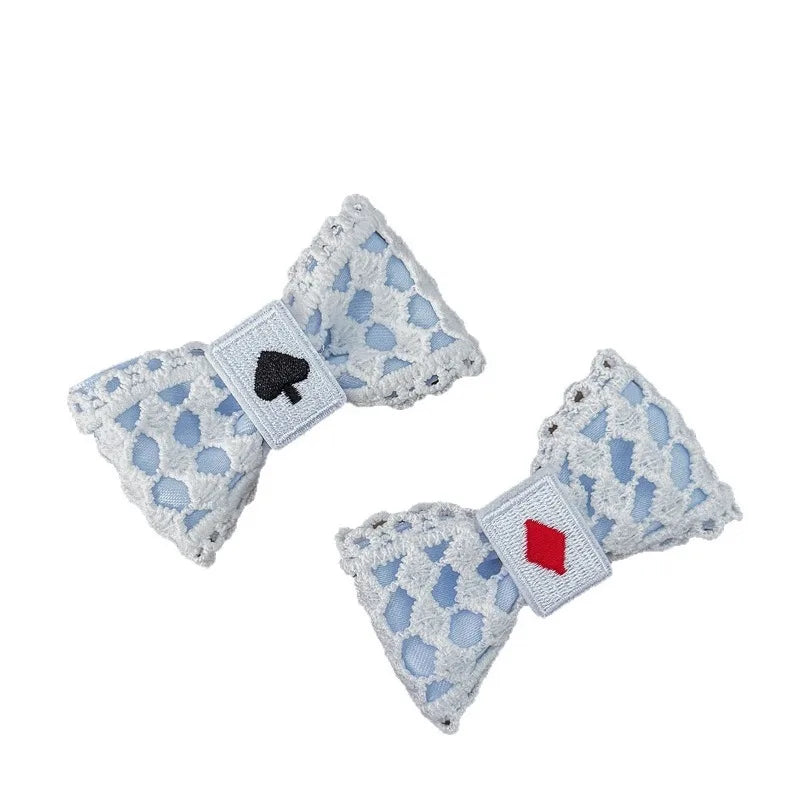 Cute Blue Lace Satin Bow Hair Clip Poker Card Embroidery Star Pearl Tassel Barrettes Sweet Lolita Hair Accessories Daily Outfit