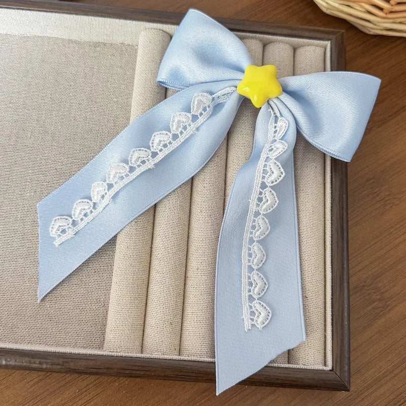 Cute Blue Lace Satin Bow Hair Clip Poker Card Embroidery Star Pearl Tassel Barrettes Sweet Lolita Hair Accessories Daily Outfit