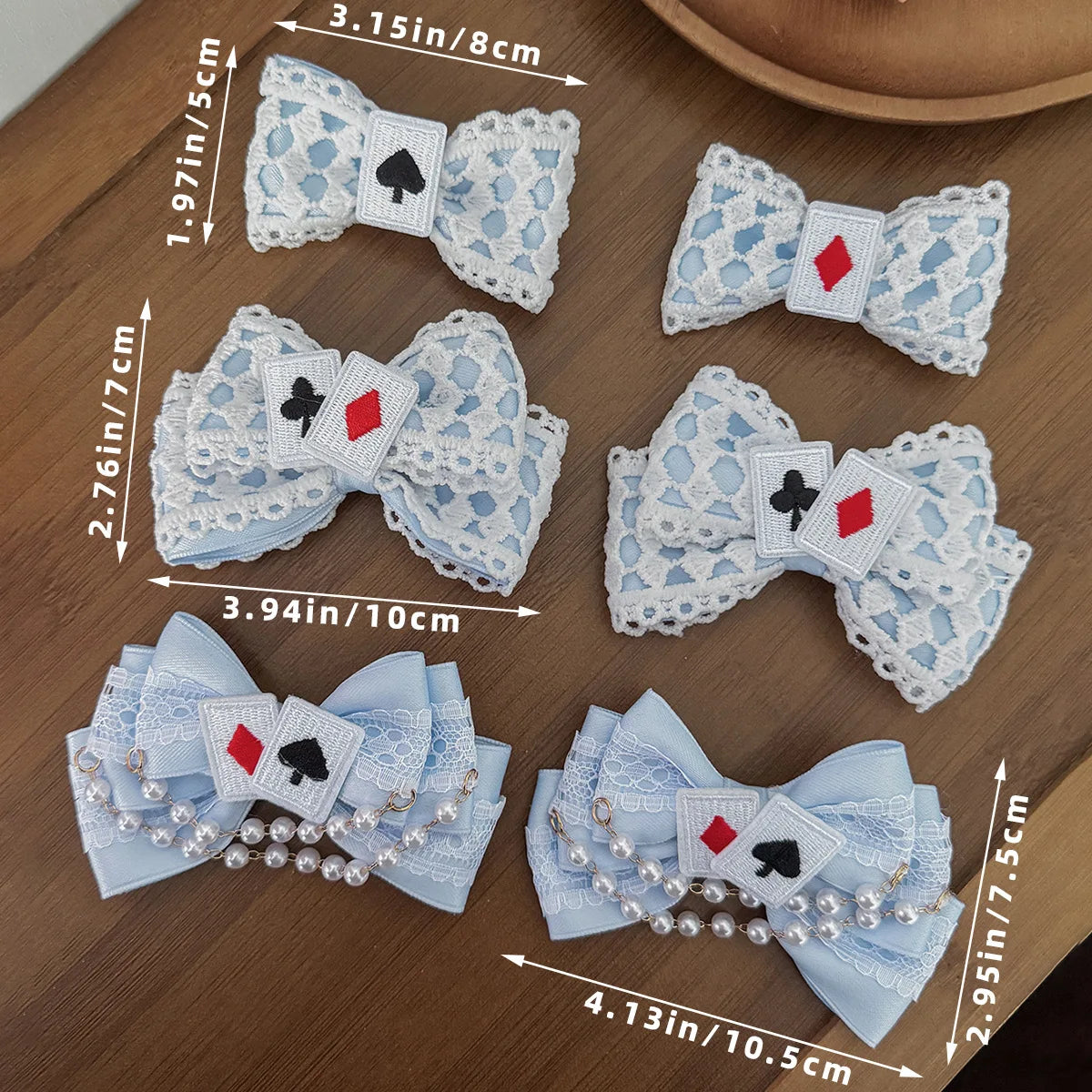 Cute Blue Lace Satin Bow Hair Clip Poker Card Embroidery Star Pearl Tassel Barrettes Sweet Lolita Hair Accessories Daily Outfit