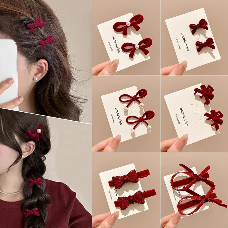 2pcs/set Cute Small Red Bow Velvet Hairpin For Women Girls Sweet Side Hair Clips Barrettes Hairgrip Fashion Hair Accessories