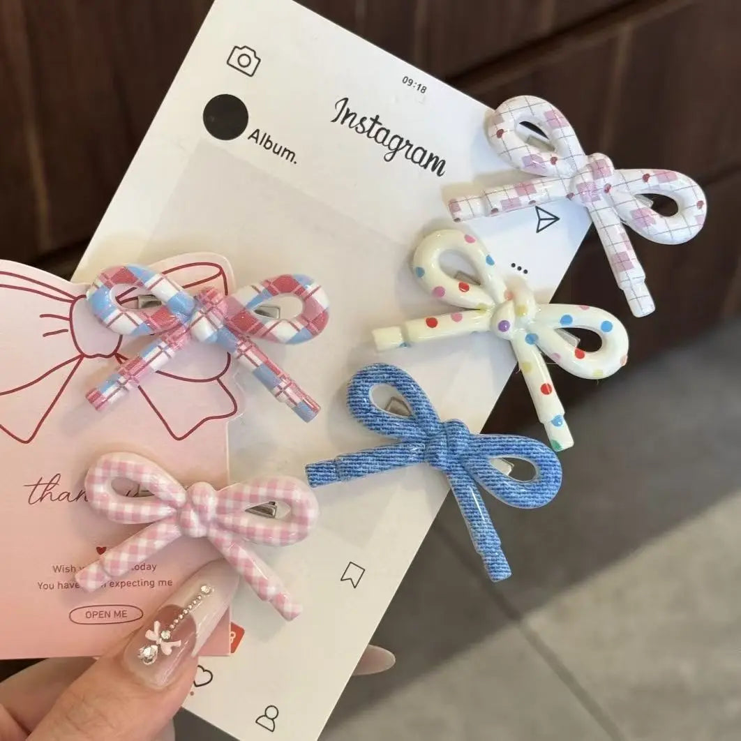 Bow Hair Clips Set, Sweet Plaid Polka Dot Design Duckbill Clips Lovely Non-Slip Barrettes for Girls Daily Party Hair Accessories