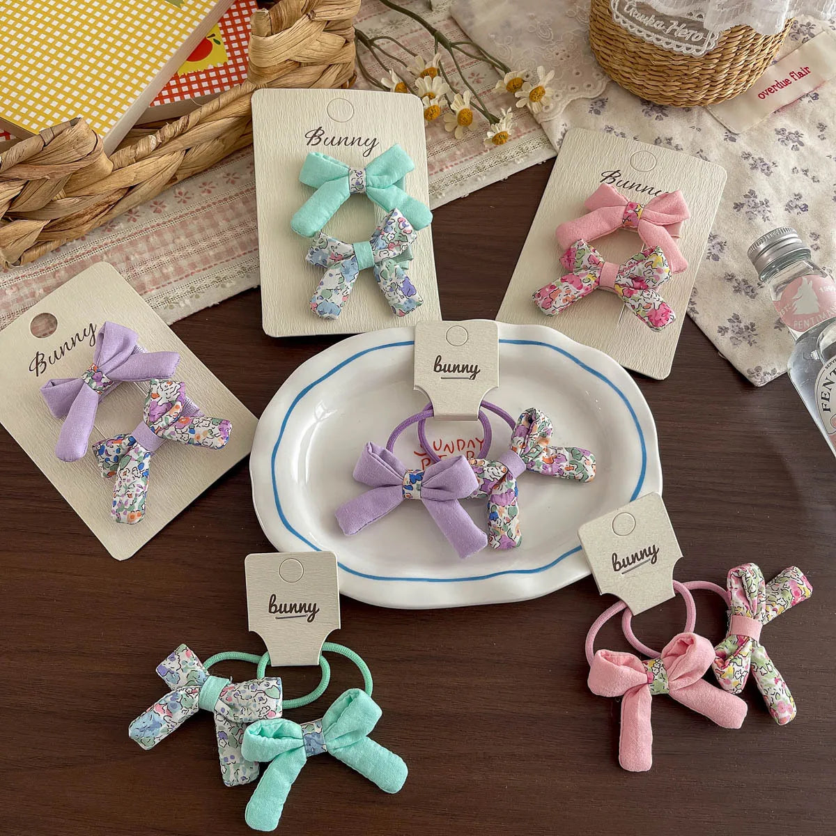 2pcs Floral Print Knot Bow Hairpin Elastic Hair Band Sweet Girl Hair Clips Hairpin Bangs Side Clip Ponytail Holder Rubber Bands