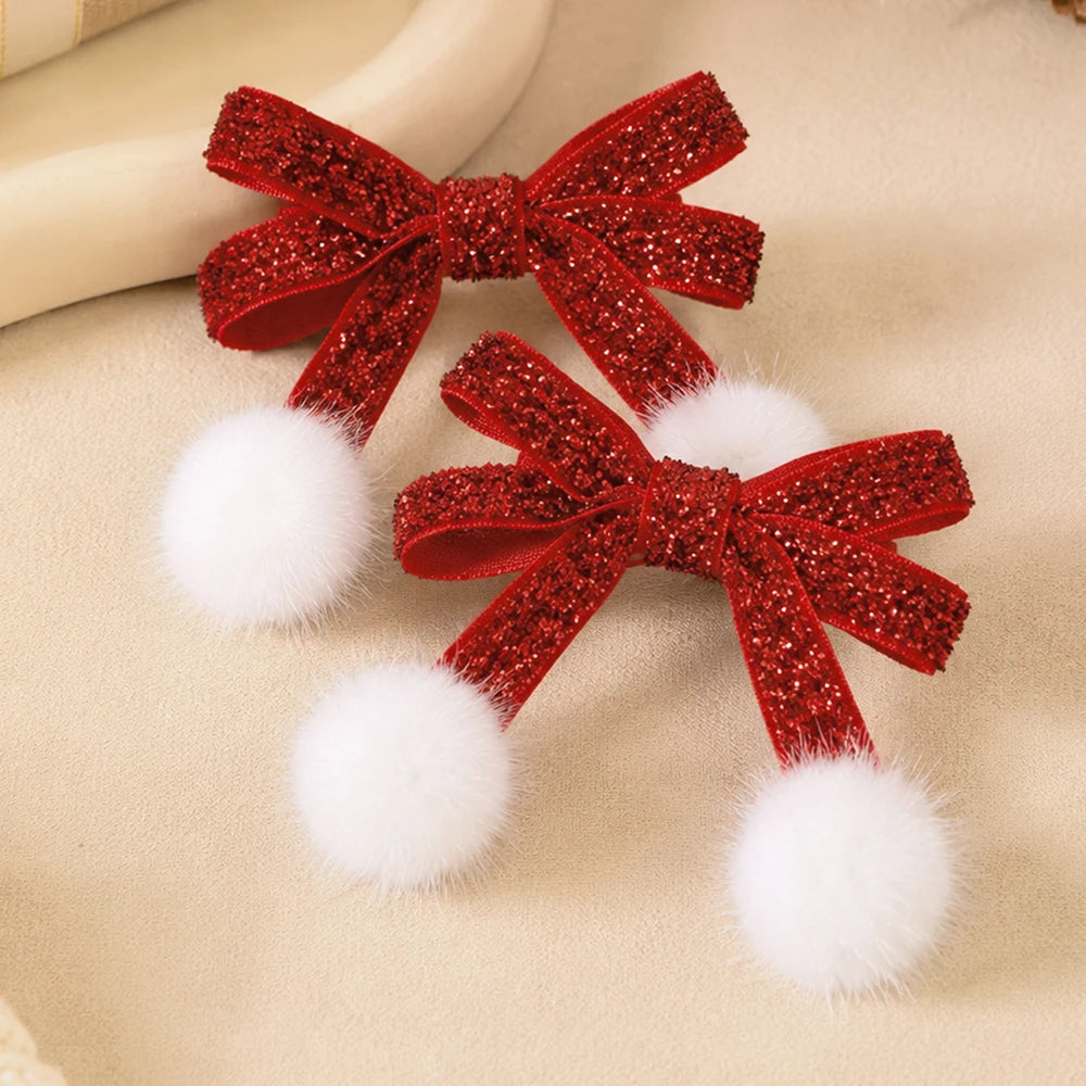 Cute Christmas Sparkly Glitter Hair Bows for Girls Pom Pom Velvet Ribbon Bow Spring Winter Hair Clip
