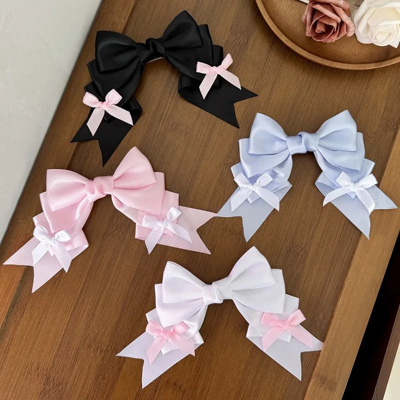 Women's Cute Layered Satin Bow Hair Clips - Fashion Hair Accessories for Daily/Party/Lolita Outfits (Black/Pink/Blue/White)