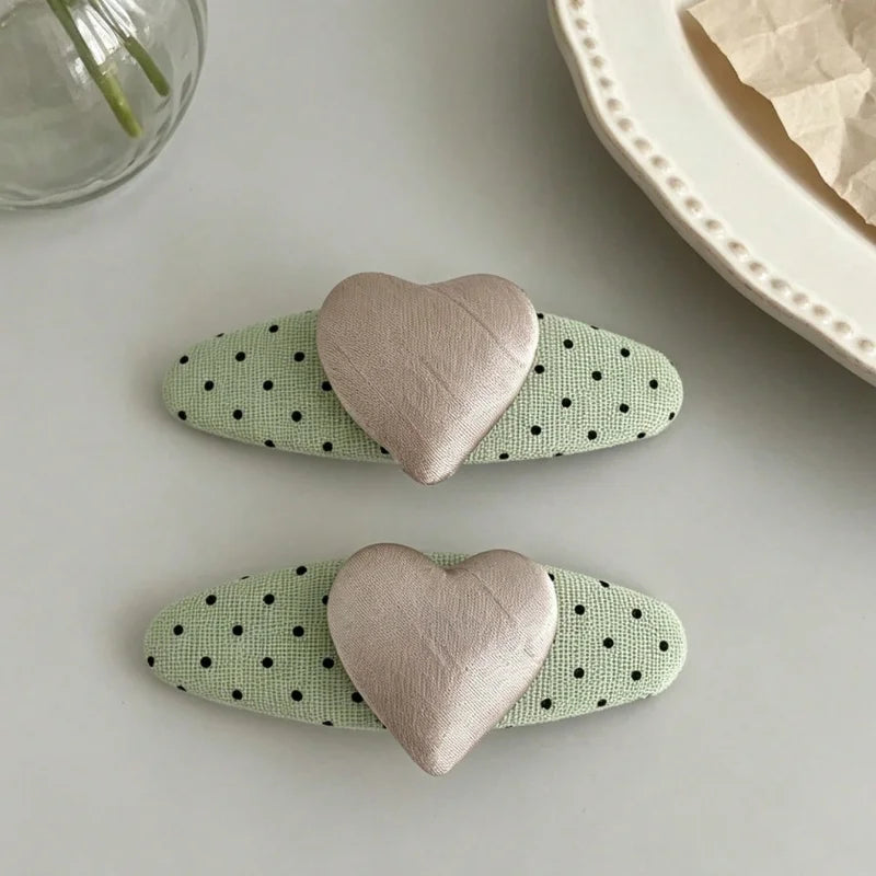 2PCS Sweet Fabric BB Clips Light Green Polka Dot Pink Heart Hair Barrettes Women Cute Bangs Side Clip Daily Hair Accessories