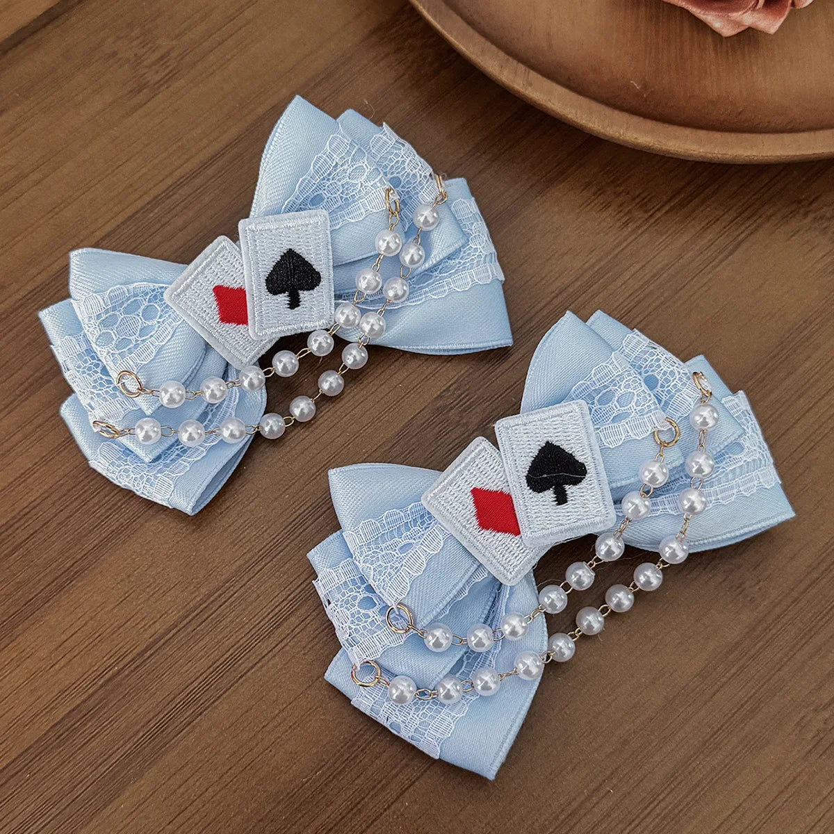 Cute Blue Lace Satin Bow Hair Clip Poker Card Embroidery Star Pearl Tassel Barrettes Sweet Lolita Hair Accessories Daily Outfit