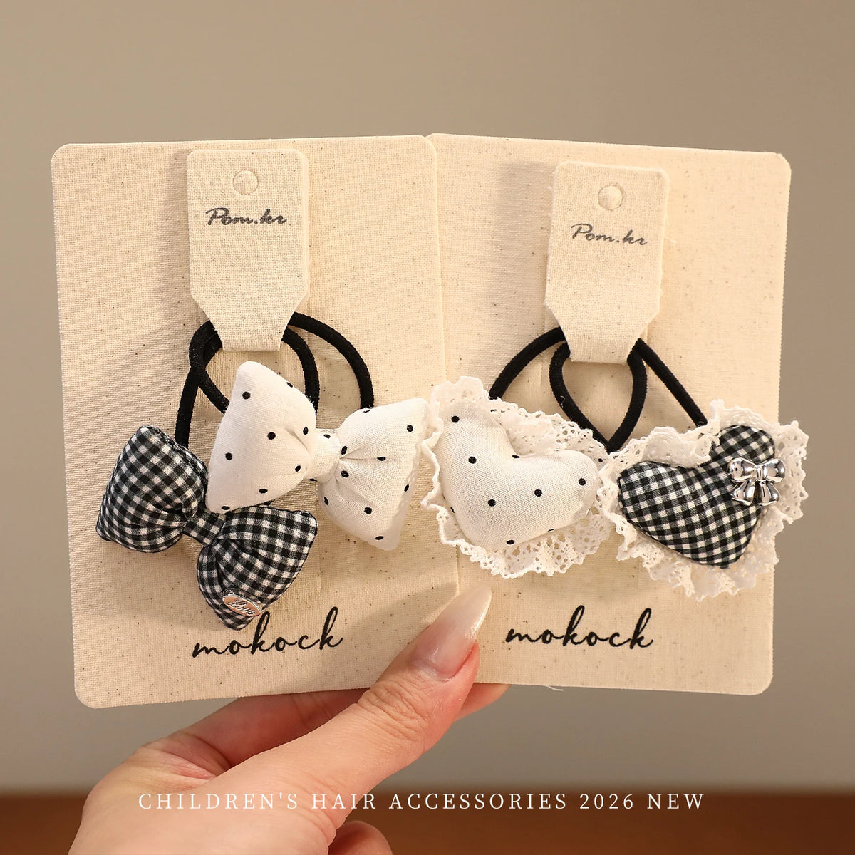 2pcs Black White Gingham Plaid Polka Dot Bow Hair Ties Set High Elasticity No Damage Lace Heart Hair Elastics for Girls Toddler