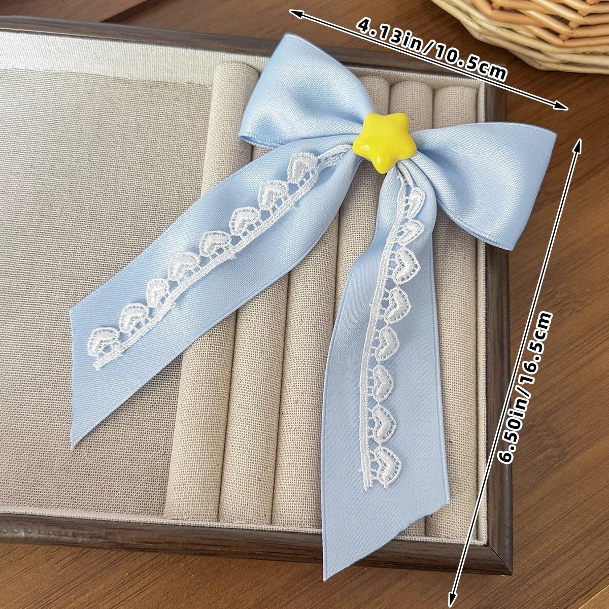 Cute Blue Lace Satin Bow Hair Clip Poker Card Embroidery Star Pearl Tassel Barrettes Sweet Lolita Hair Accessories Daily Outfit