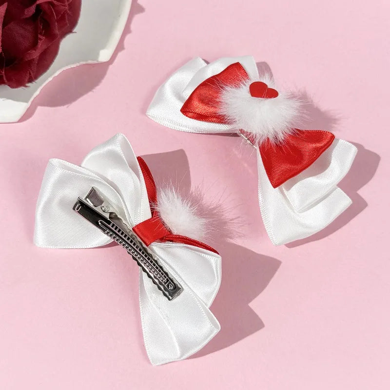 Women's Cute Heart Satin Bow Hair Clips - Fluffy Fashion Hair Accessories for Daily/Party/Lolita Outfits (Red/Pink/White)