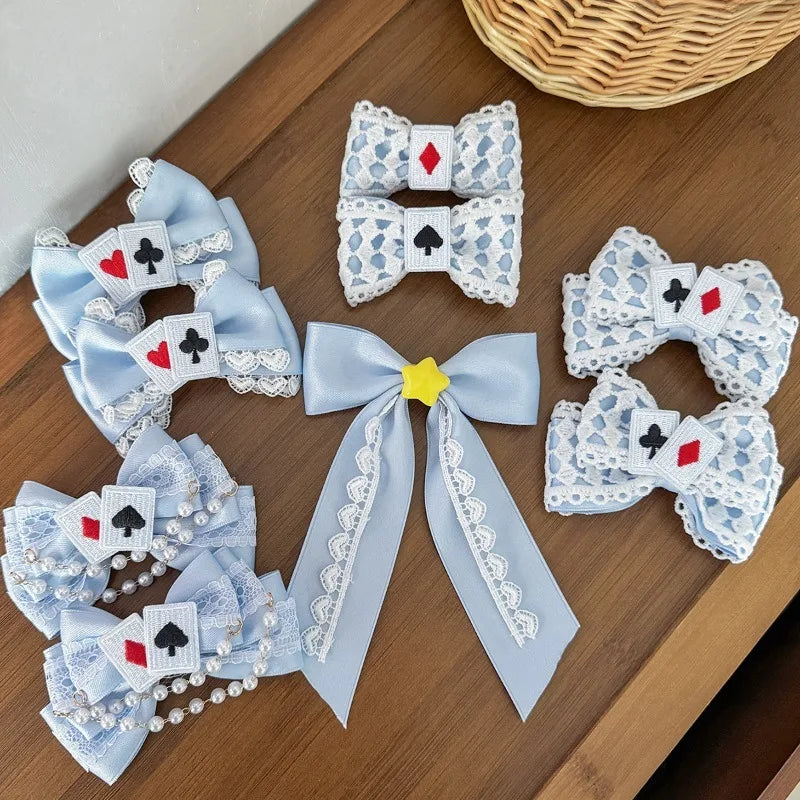 Cute Blue Lace Satin Bow Hair Clip Poker Card Embroidery Star Pearl Tassel Barrettes Sweet Lolita Hair Accessories Daily Outfit