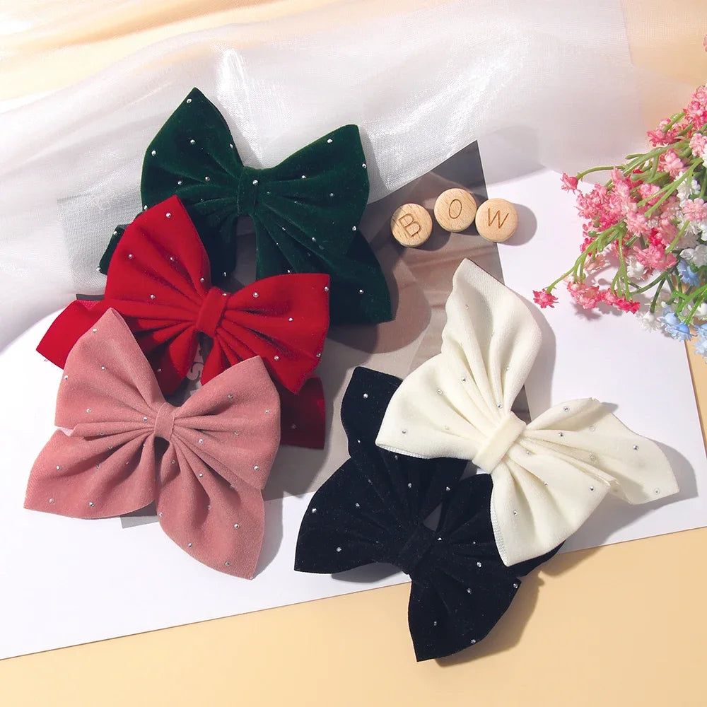 2Pcs/Set Girl's Favorite Cute Bows Hair Clips Diamond Embellished Velvet Solid Color Bows Alloy Safe Hair Accessory Kids Gifts