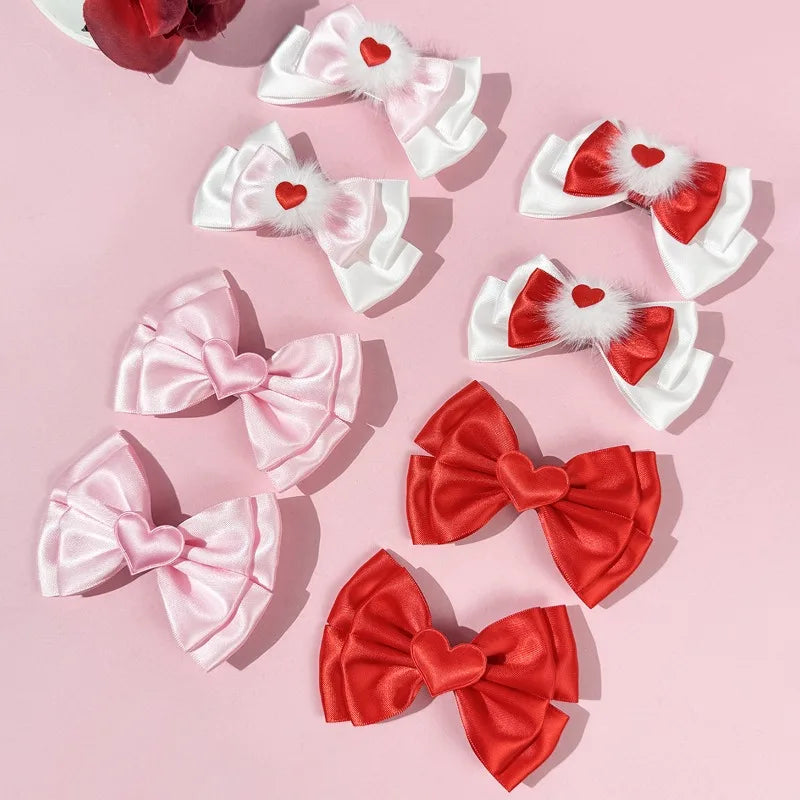 Women's Cute Heart Satin Bow Hair Clips - Fluffy Fashion Hair Accessories for Daily/Party/Lolita Outfits (Red/Pink/White)