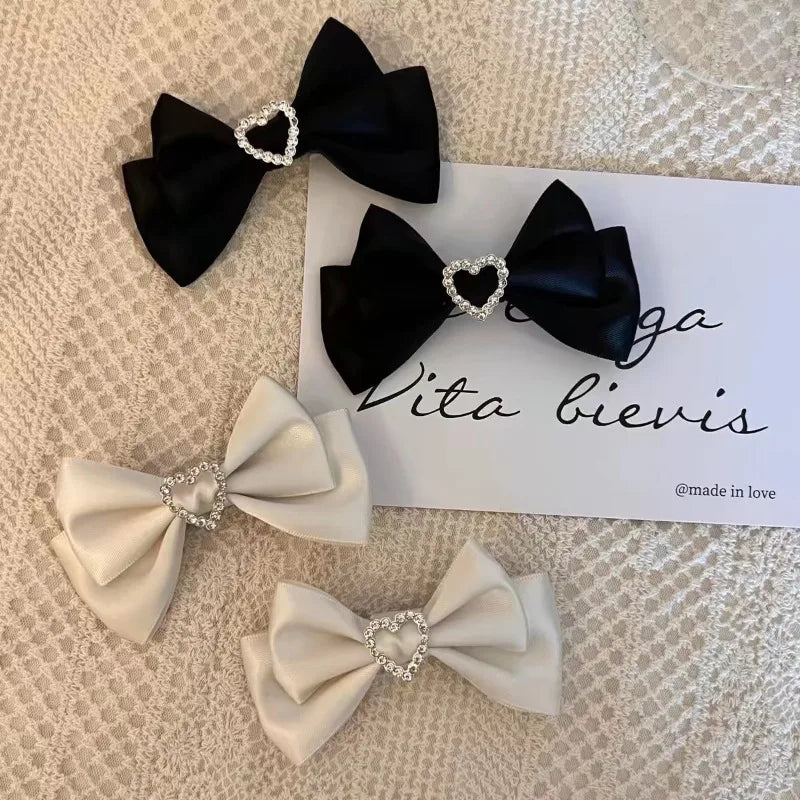 2pc/set Lolita Hair Clips Rhinestone Heart Bow HairpinsForest Style Double Prong Clip for Girl School Aesthetic Hair Accessories