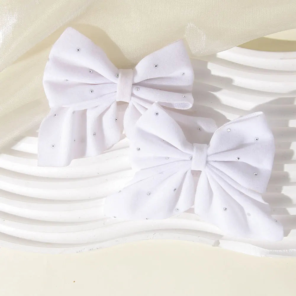 2Pcs/Set Girl's Favorite Cute Bows Hair Clips Diamond Embellished Velvet Solid Color Bows Alloy Safe Hair Accessory Kids Gifts